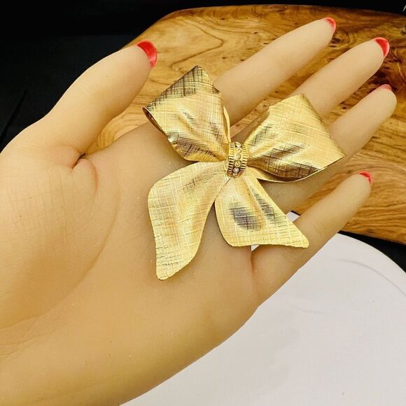 Vintage Textured Satin Bow Ribbon Brooch Crystal Accent Large Gold Matte 4085 - Picture 2 of 9